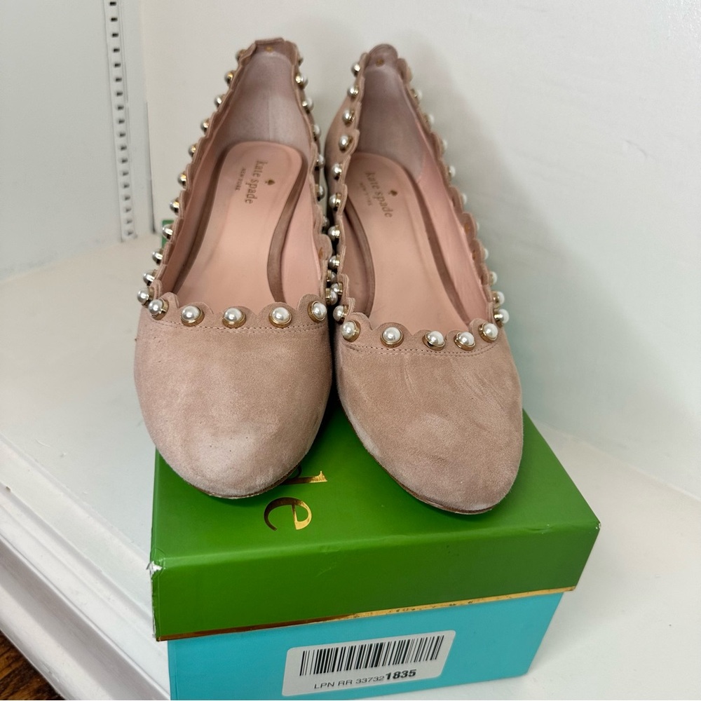 kate spade Blush Pink Nude Pearl-Trim Suede Pumps - Picture 2 of 7